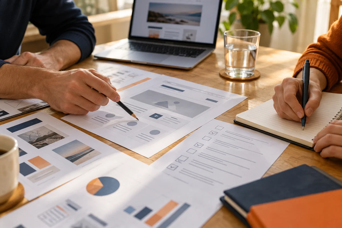 Mãos de duas pessoas a rever materiais de trabalho e a tomar notas