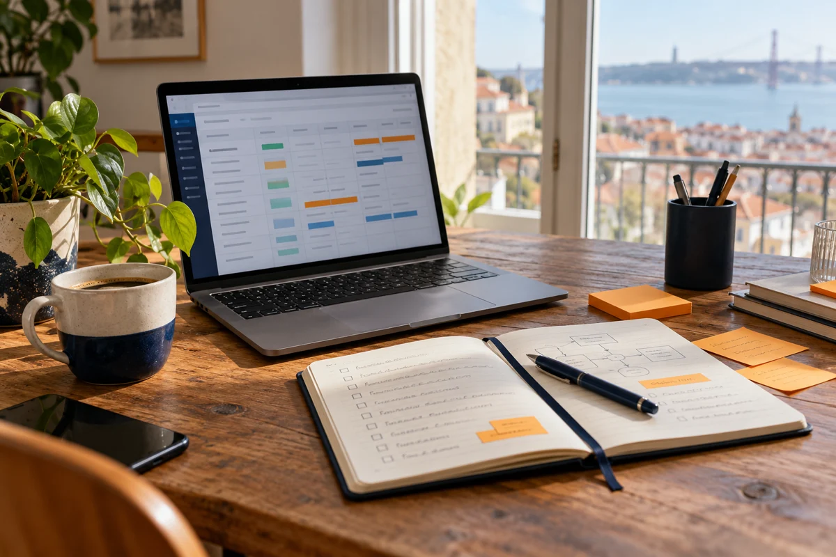 Mesa de trabalho com computador, caderno e materiais para planeamento de campanhas