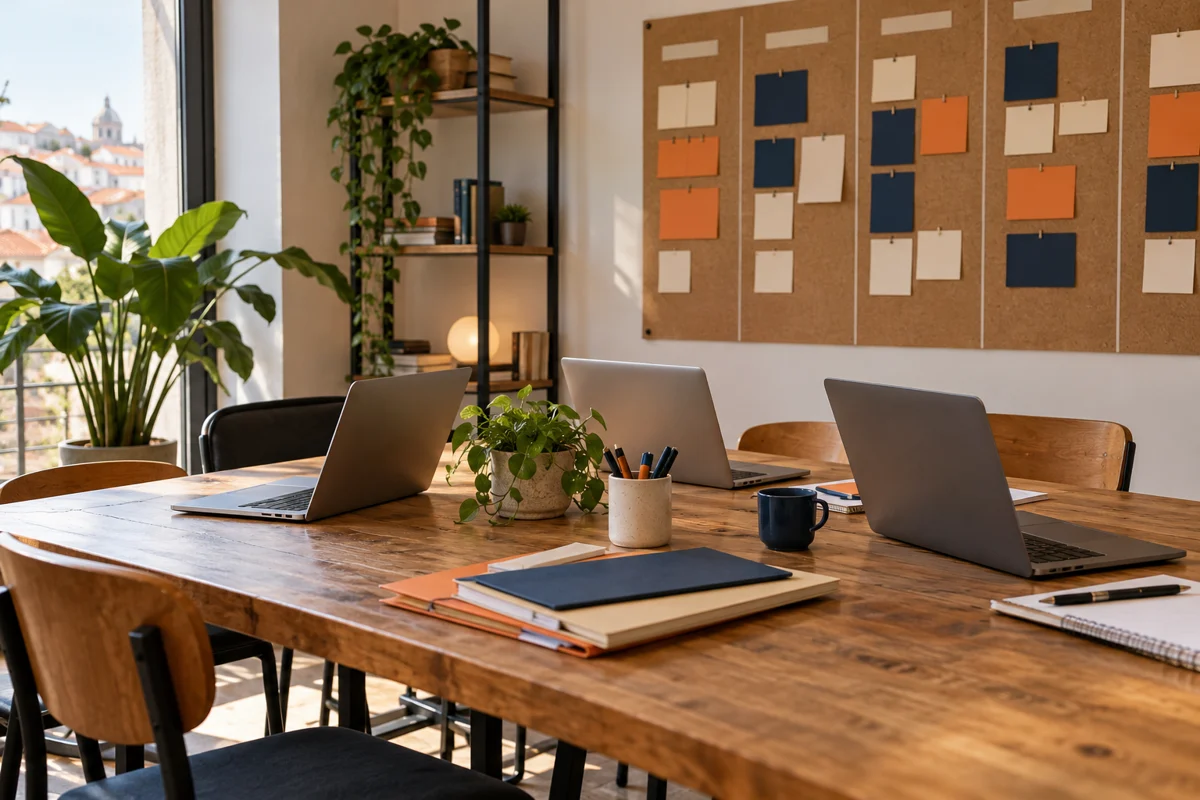Espaço de trabalho de uma pequena agência com computadores e quadro de tarefas