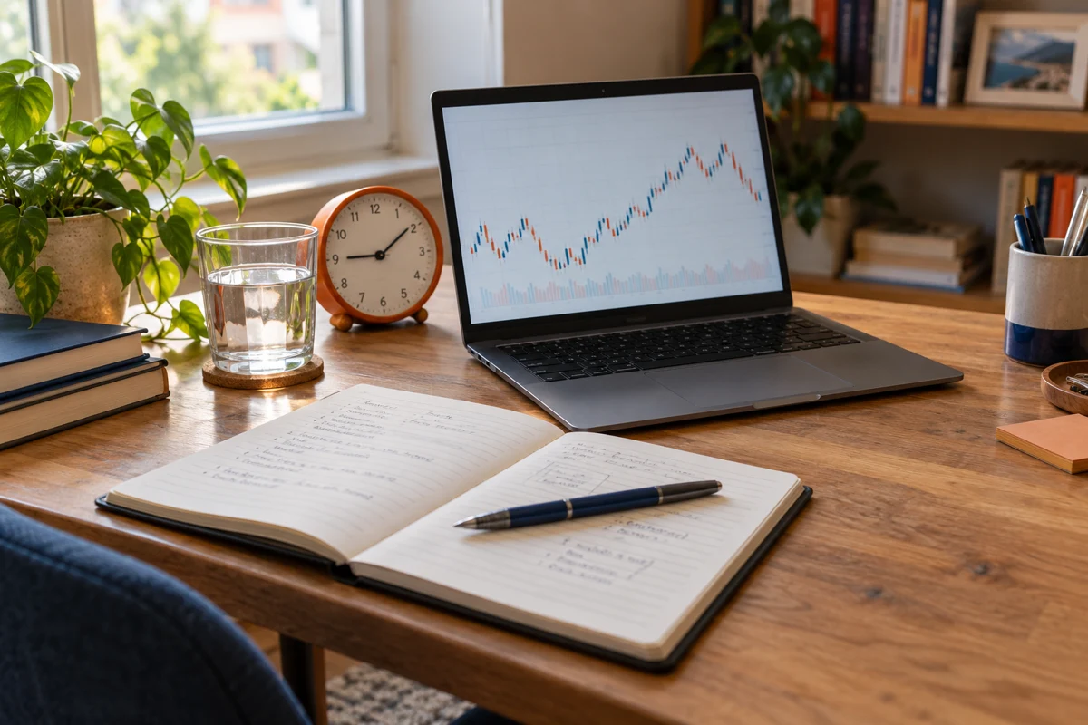 Photographic-style image of a real-looking study desk with a notebook, clock and laptop